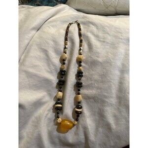 Vintage Tribal Beaded Necklace Boho Statement Faux Bone Amber Resin 30” 70s-80s